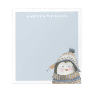 Cute Watercolor Penguin with Custom Name Notepad