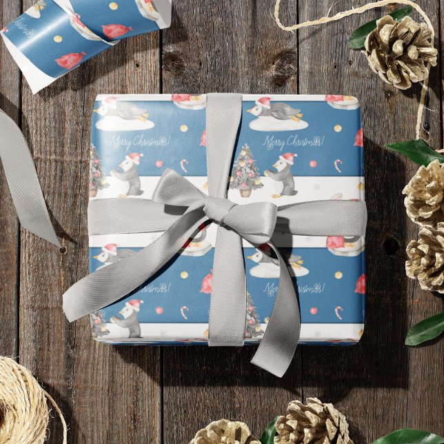 Cute Watercolor Penguins Blue and White Christmas Wrapping Paper (Creator Uploaded)