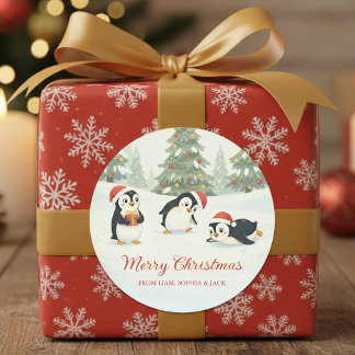 Cute Watercolor Penguins Christmas Forest Classic Round Sticker