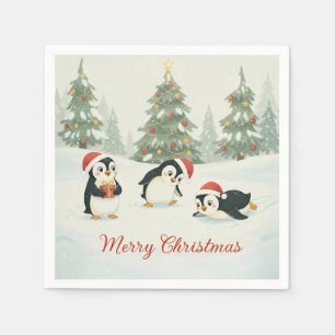 Cute Watercolor Penguins Christmas Forest Napkin