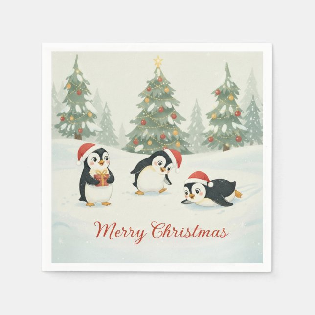 Cute Watercolor Penguins Christmas Forest Napkin (Front)