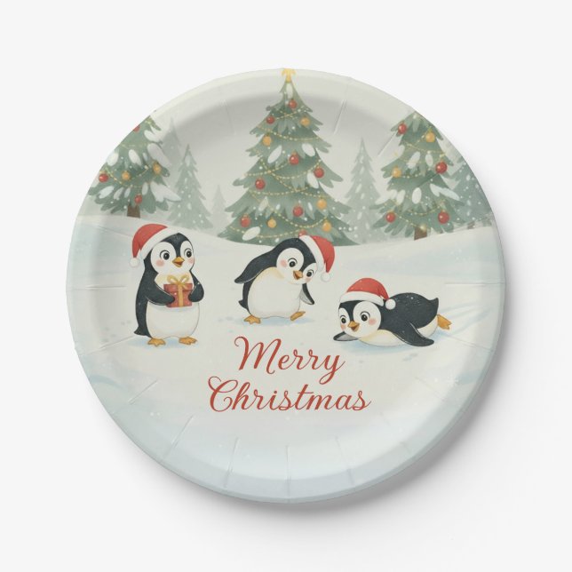 Cute Watercolor Penguins Christmas Forest Paper Plate (Front)