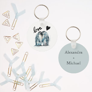 Cute watercolor penguins in love personalized keychain