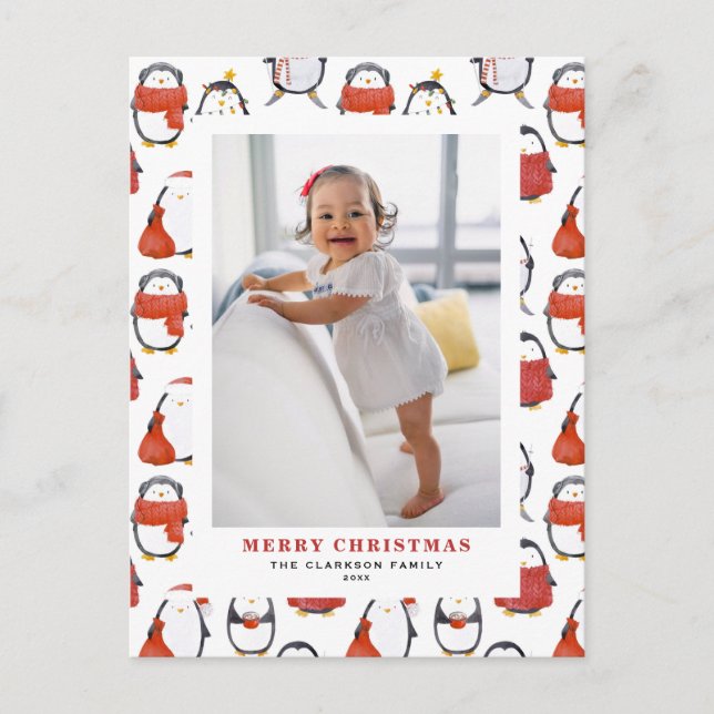 Cute Watercolor Penguins Pattern Christmas Photo Holiday Postcard (Front)