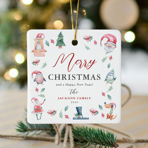 Cute Watercolor Personalized Merry Christmas  Ceramic Ornament
