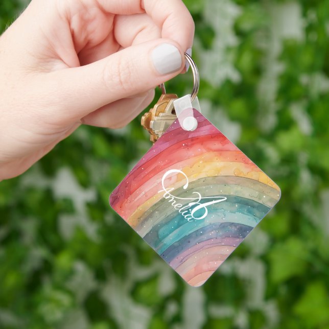 Cute Watercolor Personalized Rainbow  Keychain (Hand)