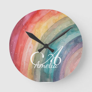Cute Watercolor Personalized Rainbow  Round Clock