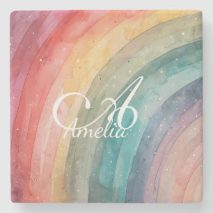 Cute Watercolor Personalized Rainbow  Stone Coaster