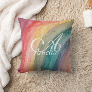 Cute Watercolor Personalized Rainbow  Throw Pillow