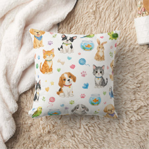 Cute Watercolor Pet Friends Throw Pillow