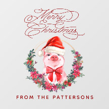Cute Watercolor Pig & Family Name Merry Christmas