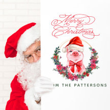 Cute Watercolor Pig & Family Name Merry Christmas