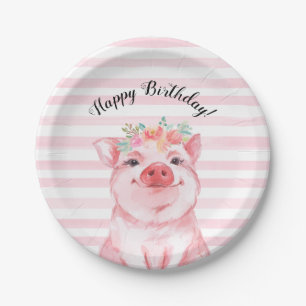 Cute Watercolor Pig with Pink Stripes Birthday Paper Plate