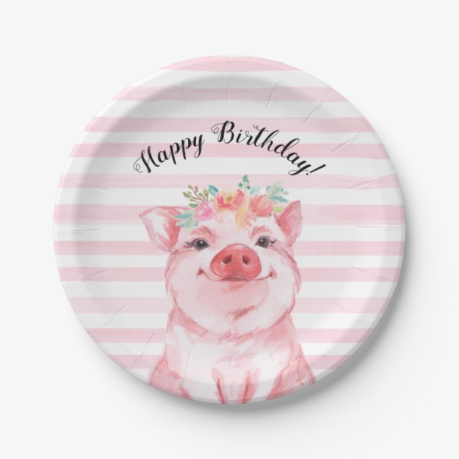 Cute Watercolor Pig with Pink Stripes Birthday Paper Plate (Front)