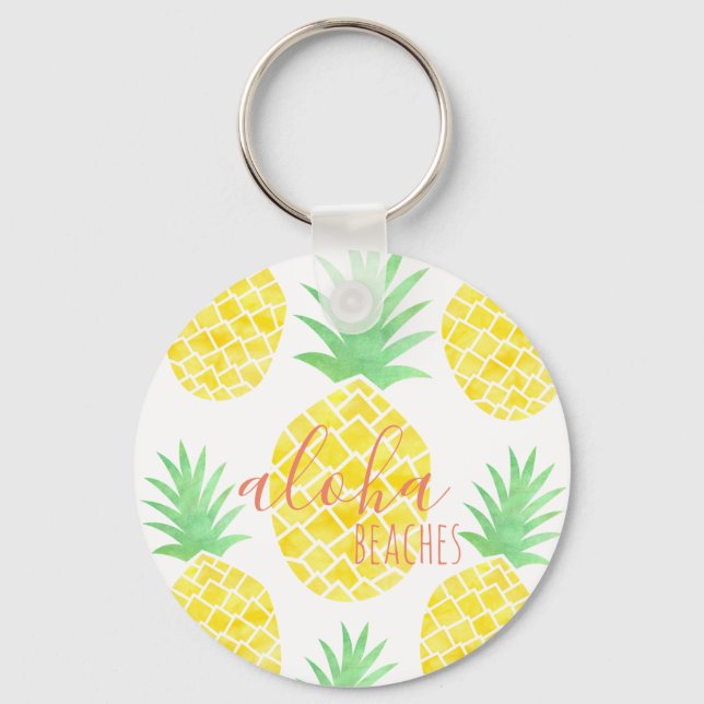 Cute Watercolor Pineapple Aloha Beaches Keychain (Front)