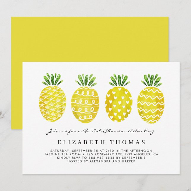 Cute Watercolor Pineapples Summer Bridal Shower Invitation (Front/Back)