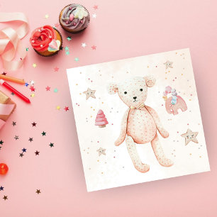 Cute Watercolor Pink Baby Girl Toys Bear  Napkin