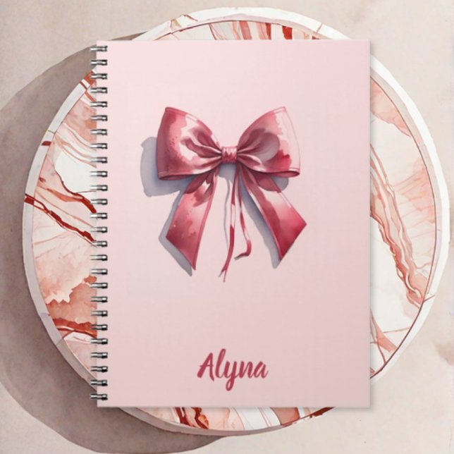 Cute Watercolor Pink Bow Custom Name Notebook (Creator Uploaded)