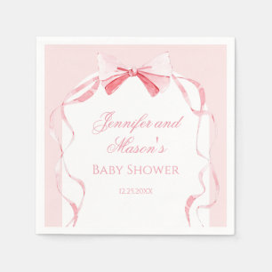 Cute watercolor pink bow ribbon baby girl shower napkin