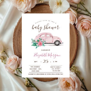 Cute Watercolor Pink Car Polka Dots Baby Shower Invitation