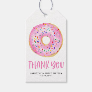 Cute Watercolor Pink Doughnut Sweet Sixteen Thank Gift Tags