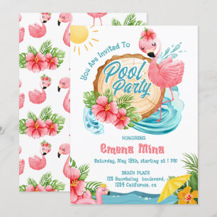 cute watercolor pink flamingo pool party invitation