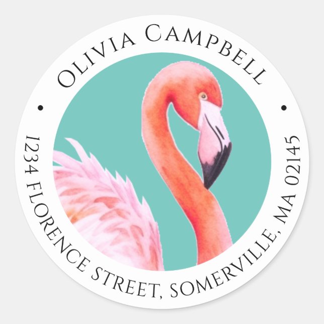Cute Watercolor Pink Flamingo Turquoise Address Classic Round Sticker (Front)