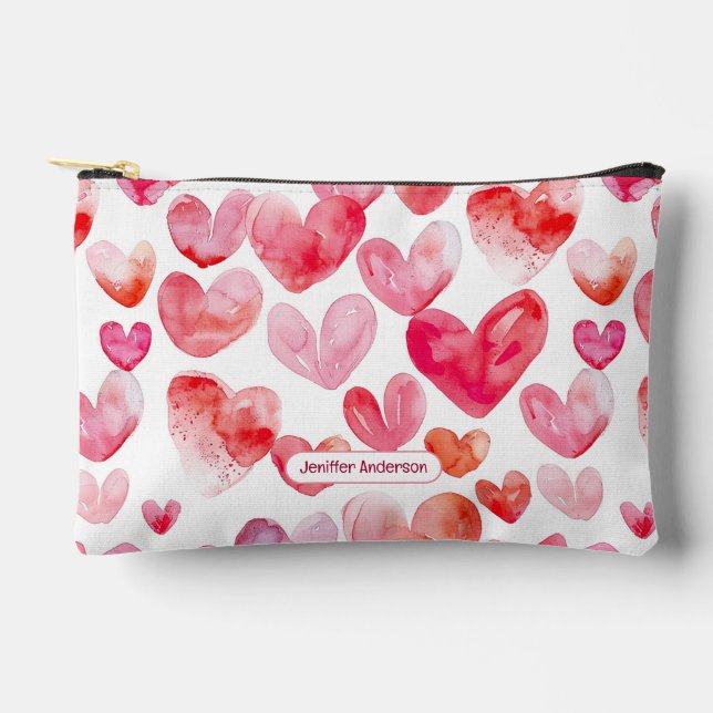 Cute Watercolor Pink Hearts Name Accessory Pouch (Front)