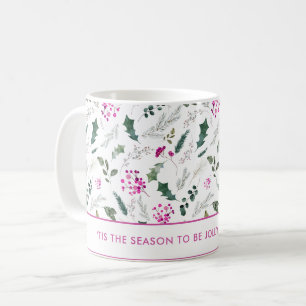 Cute Watercolor Pink Holly Christmas Mug 