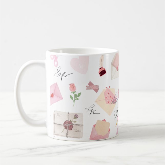 Cute Watercolor Pink Love Letters Seamless Pattern Coffee Mug (Left)