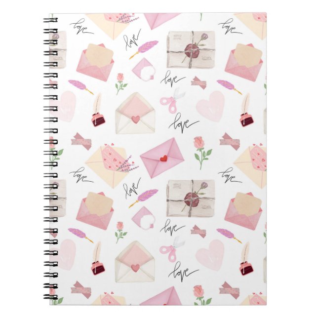 Cute Watercolor Pink Love Letters Seamless Pattern Notebook (Front)