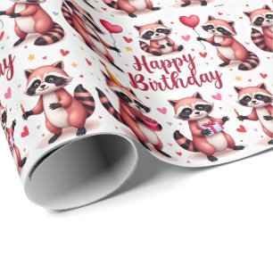 Cute Watercolor Pink Raccoon Birthday Scene -  Wrapping Paper