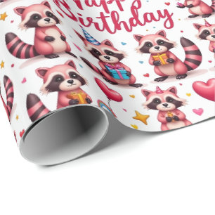 Cute Watercolor Pink Raccoons Birthday Scene -  Wrapping Paper