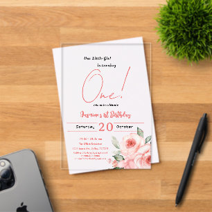 Cute Watercolor Pink Rose Baby Girl 1st Birthday Acrylic Invitations
