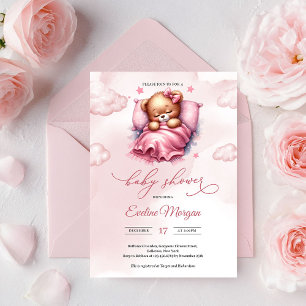 Cute Watercolor pink sleeping teddy bear at cloud Invitation