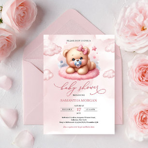 Cute Watercolor pink teddy bear with pacifier Invitation