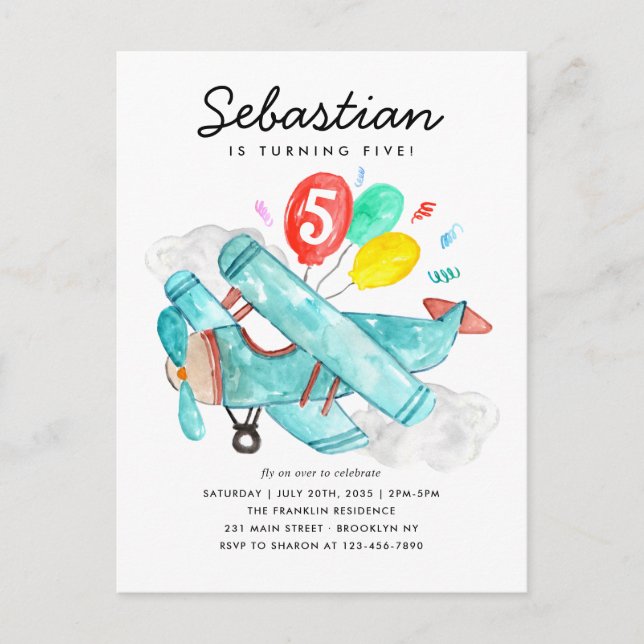 Cute Watercolor Plane Balloons Airplane Birthday Postcard (Front)