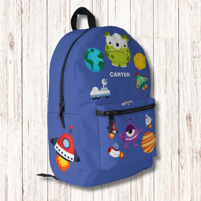 Cute Watercolor Planets Aliens Pattern Monogram Printed Backpack (Creator Uploaded)