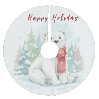 Cute watercolor Polar Bear Winter  Brushed Polyester Tree Skirt