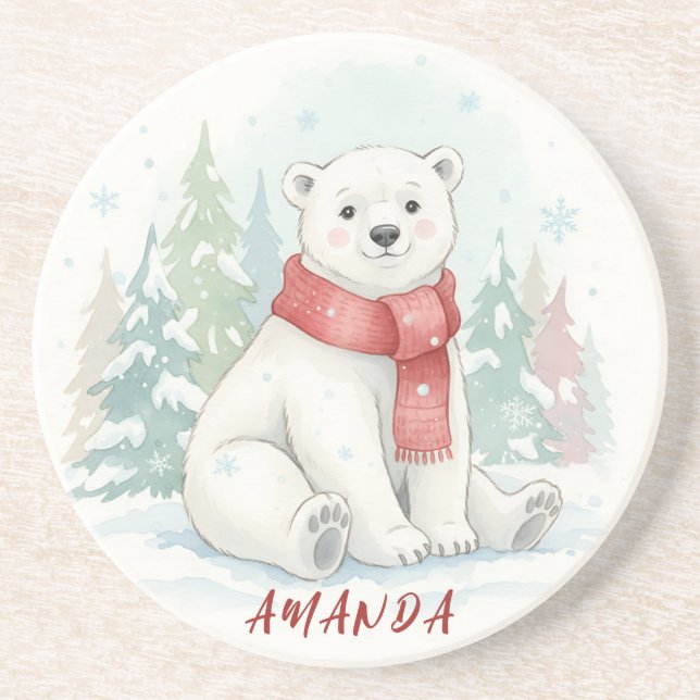 Cute watercolor Polar Bear Winter  Coaster (Front)