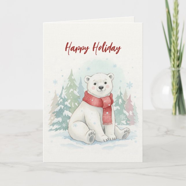Cute watercolor Polar Bear Winter  Holiday Card (Front)