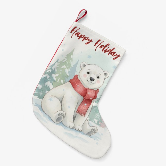 Cute watercolor Polar Bear Winter Small Christmas Stocking (Front (Hanging))