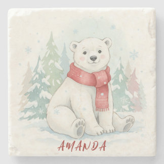 Cute watercolor Polar Bear Winter  Stone Coaster