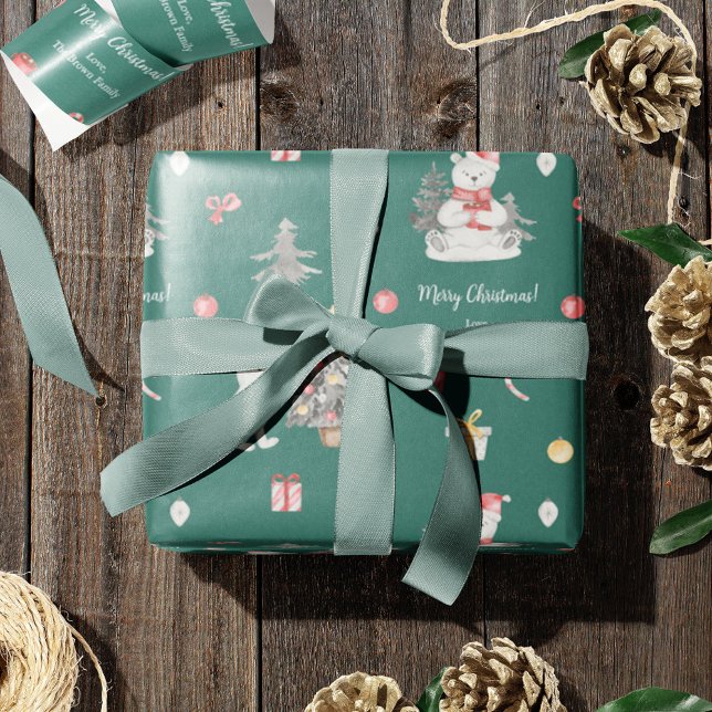 Cute Watercolor Polar Bear with Christmas Greeting Wrapping Paper (Creator Uploaded)