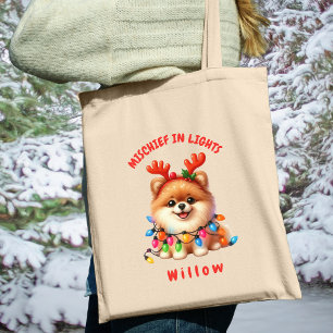 Cute Watercolor Pomeranian Festive Lights Dog Tote Bag