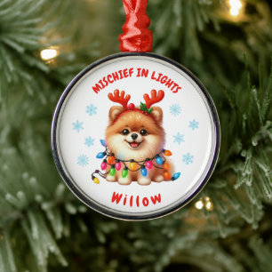 Cute Watercolor Pomeranian Festive Snowflakes Dog Metal Ornament