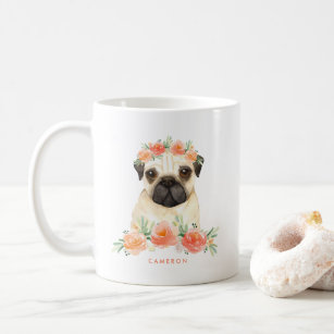 Cute Watercolor Pug Peach Floral Personalized Coffee Mug