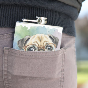 Cute Watercolor Pug with Glasses Hip Flask