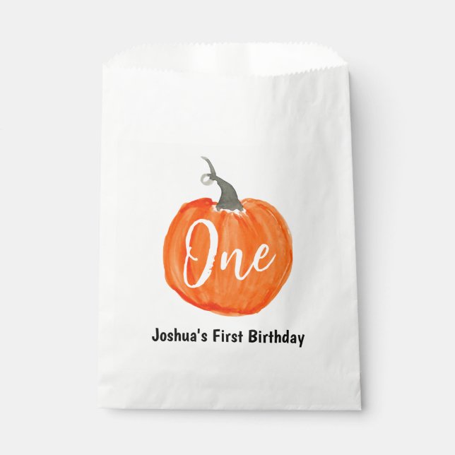 Cute watercolor pumpkin first birthday favour bag (Front)