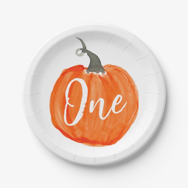 Cute watercolor pumpkin first birthday paper plate (Front)